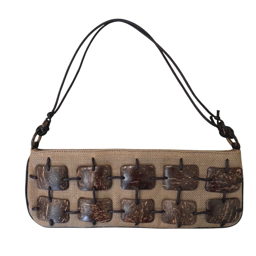 Vintage Via Spiga Y2K Boho Coconut Shell Tile Woven Tan Baguette Shoulder Bag